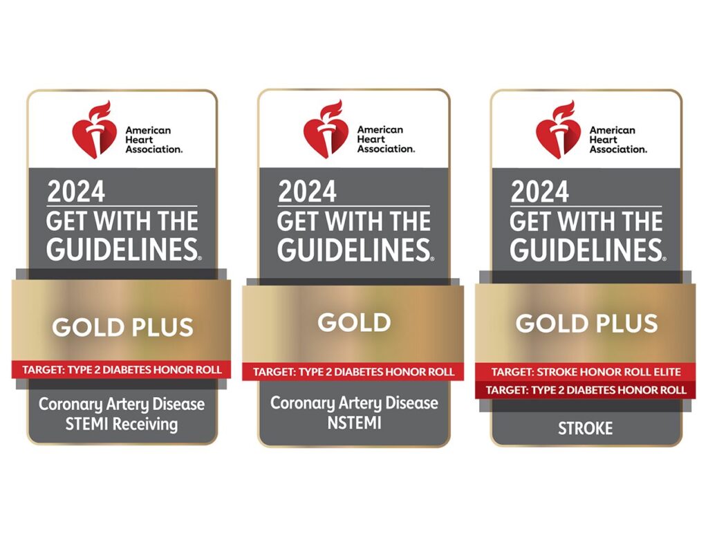 2024 American Heart Association Get With The Guidelines STEMI Gold Plus Target Type 2 NSTEMI Gold Target Type 2 Stroke Gold Plus Target Stroke Honor Roll Elite Target Type 2 Diabetes logo