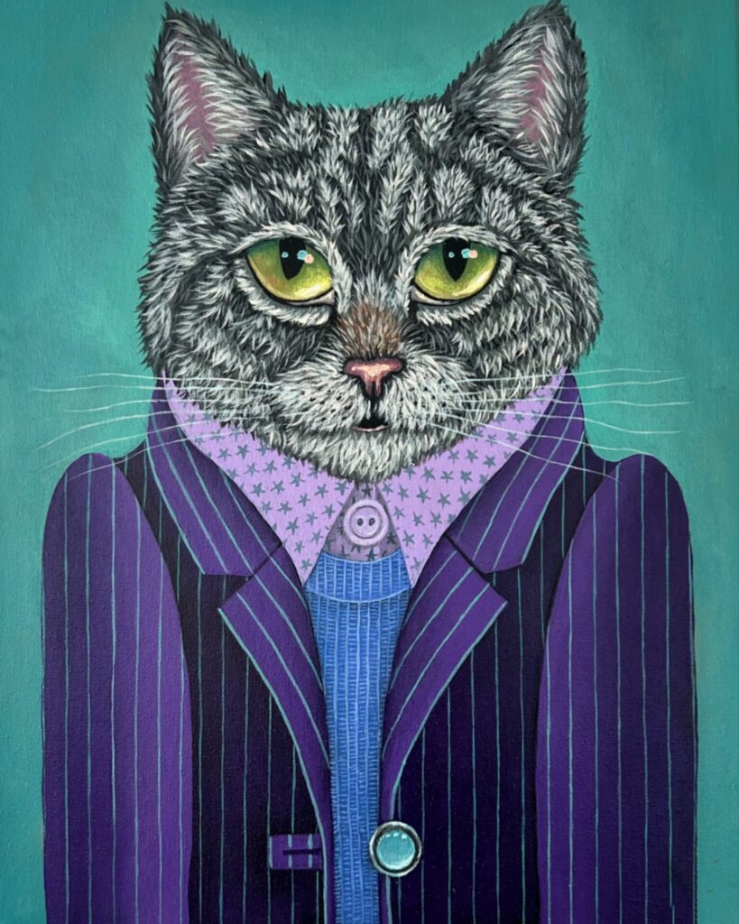 "Dapper Cat" painting of gray cat with green eyes. Cat is wearing a light purple shirt, dark purple jacket with white stripes, and a blue vest. 